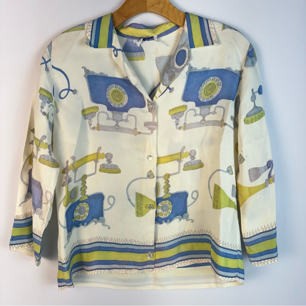 True Vintage Lee Mar 1960’s Blue Green Telephone Print Blouse Top